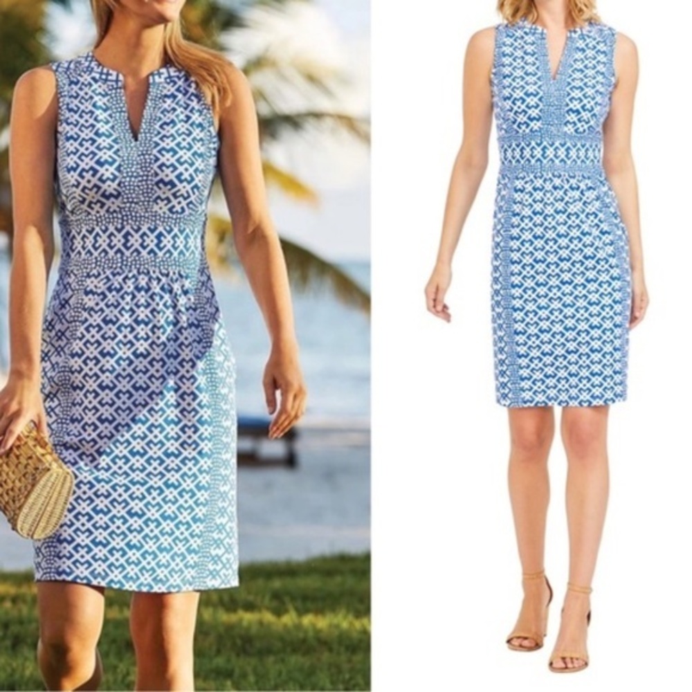 J McLaughlin Lola Sleeveless Dress in Audin Geo blue white Catalina Cloth XS